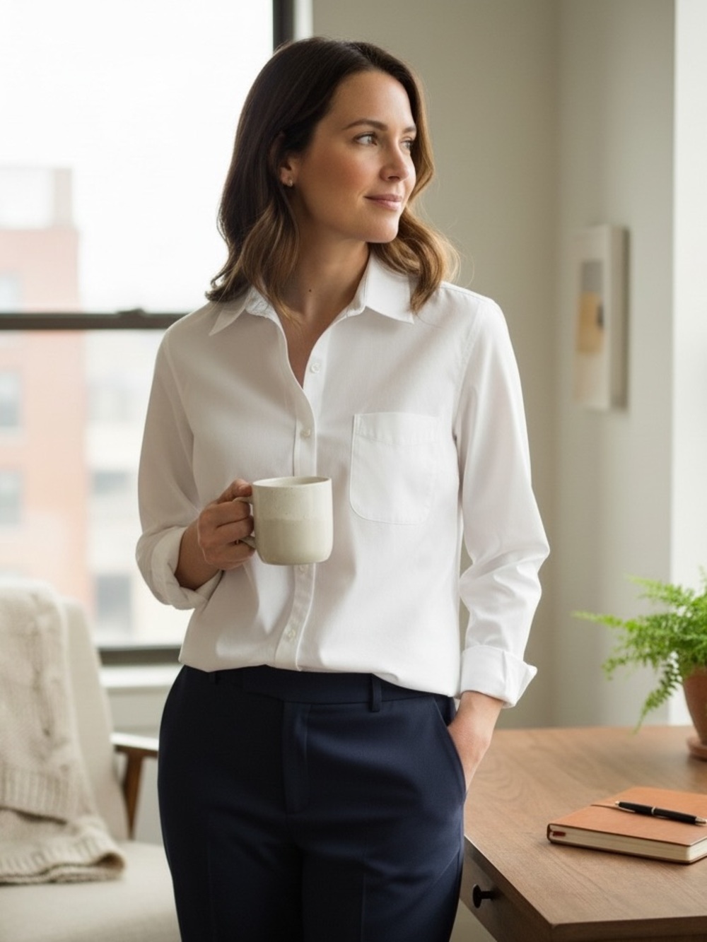 L.L.Bean Women’s Wrinkle Free Pinpoint Oxford Shirt White MP Petite Cotton